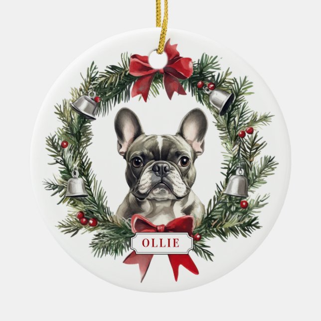 Grey French Bulldog Ceramic Circle Ornament (Front)