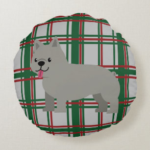 Grey French Bulldog, Christmas Plaid Round Pillow