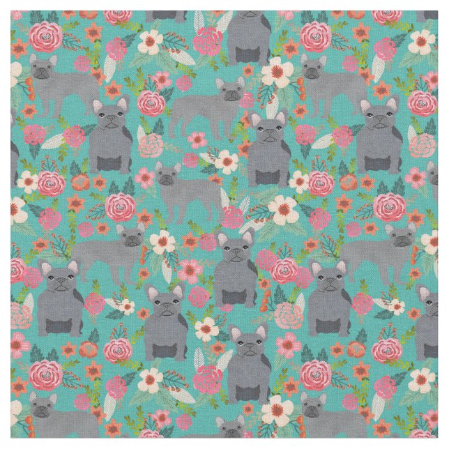 Grey French Bulldog vintage florals Fabric (Close Up)