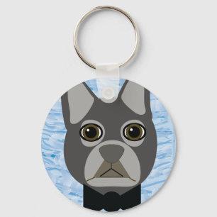 Grey French Bulldog, watercolor blue Keychain