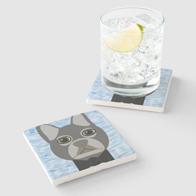 Grey French Bulldog, watercolor blue Stone Coaster (Side)
