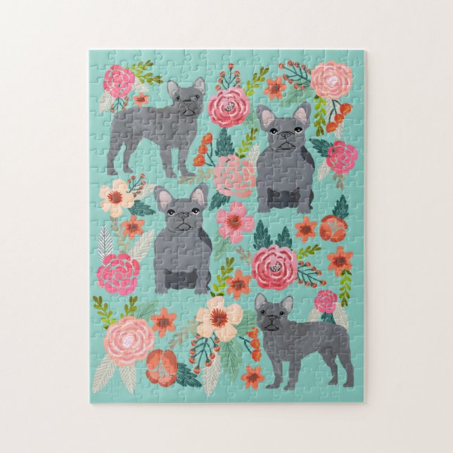 Grey French Bulldogs Vintage Florals Jigsaw Puzzle (Vertical)