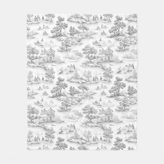 Grey French Style Toile de Jouy Romantic Elegant Fleece Blanket (Front)