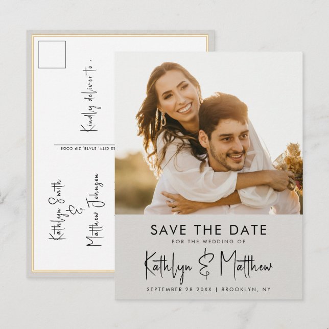 Grey Fun Script Modern Photo Minimalist Wedding Sa Announcement Postcard (Front/Back)