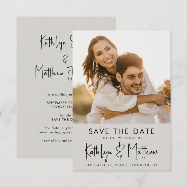 Grey Fun Script Modern Photo Minimalist Wedding Save The Date (Front/Back)