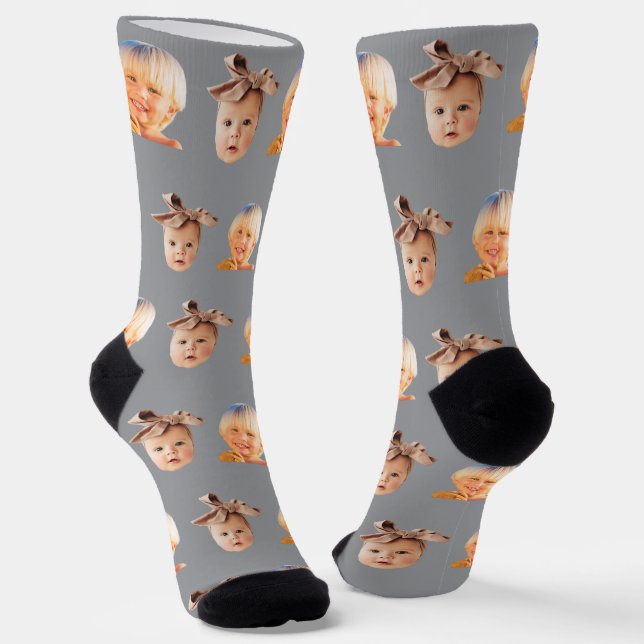 Grey Funny Custom 2 Face Photo Dad Socks (Angled)
