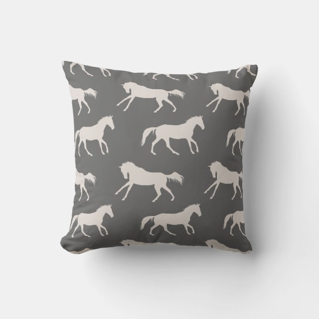 Grey Galloping Horses Pattern Throw Pillow (Front)