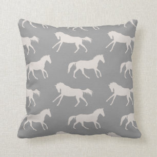 Grey Galloping Horses Pattern Throw Pillow