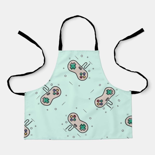 Grey game joystick on blue apron (Front)