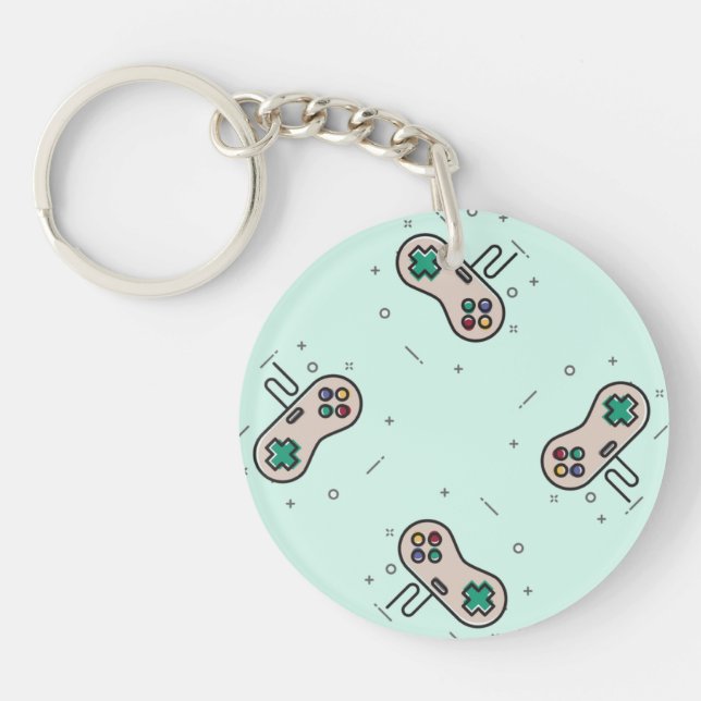 Grey game joystick on blue keychain (Front)