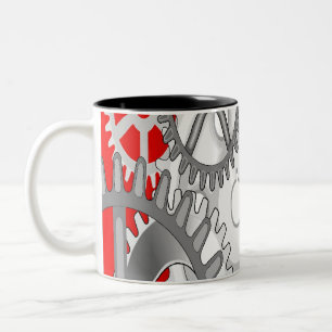 Grey gears on a red background Two-Tone coffee mug
