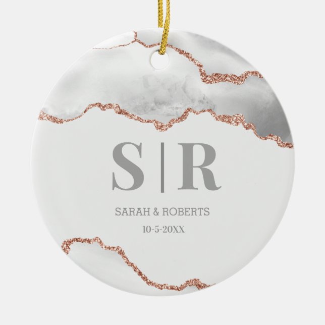 Grey Geode Agate Couples Monogrammed Christmas Ceramic Ornament (Front)