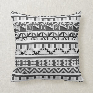 Grey Geometric Abstract Aztec Tribal Print Pattern Throw Pillow