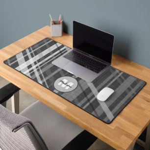 Grey geometric retro Lines Pattern Monogram Desk Mat