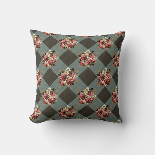 Grey Gingham and Burgundy Floral Country Throw Pillow (Front)