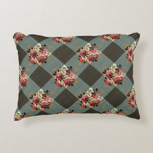 Grey Gingham and Dusk Pink Floral Country Accent Pillow