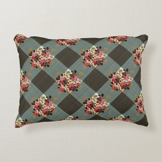 Grey Gingham and Dusk Pink Floral Country Accent Pillow (Front)