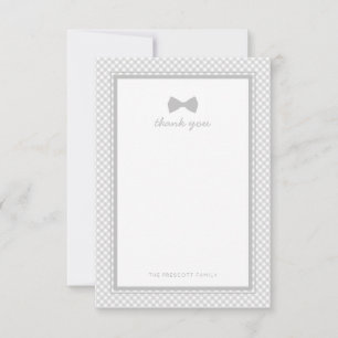 Grey gingham bow tie baby shower thank you note card