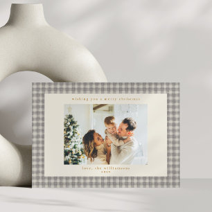 Grey Gingham Christmas Horizontal Photo Vintage  Holiday Card