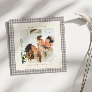 Grey Gingham Christmas Square Photo Vintage  Holiday Card