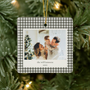 Grey Gingham Family Photo Personalized Christmas Ceramic Ornament