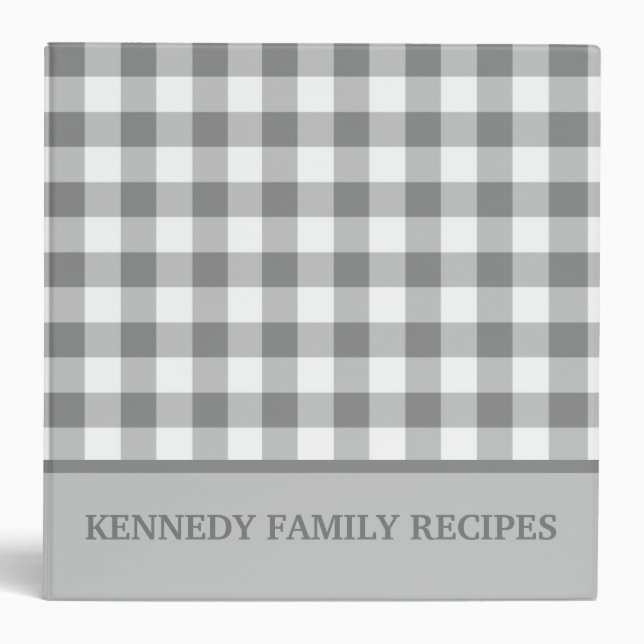 Grey Gingham Farmhouse Kitchen Recipe Personalized Binder (Front)