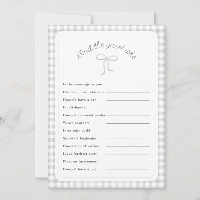 Grey gingham Find the Guest Who shower game Invitation (Front)