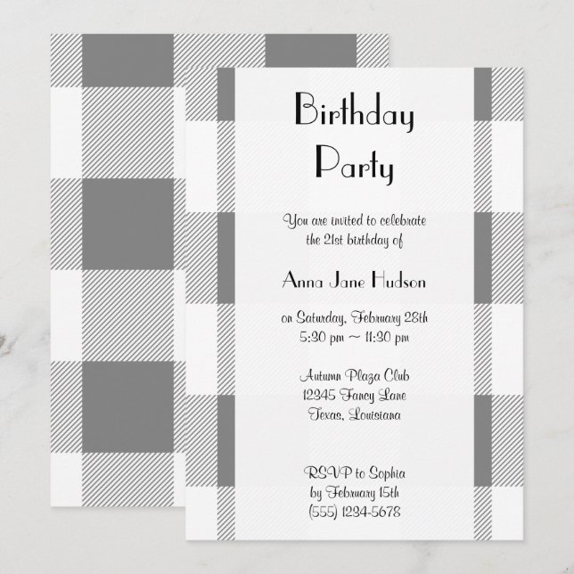 Grey Gingham, Geometric Pattern, Birthday Party Invitation (Front/Back)