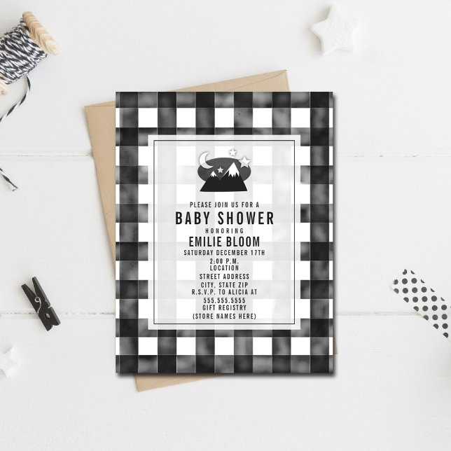 Grey Gingham Night Sky Mountains Baby Shower Invitation (Creator Uploaded)