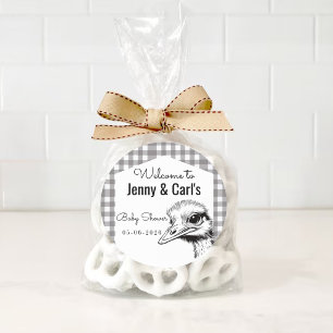 Grey Gingham Ostrich Cute Baby shower Classic Round Sticker
