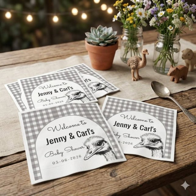 Grey Gingham Ostrich Cute Baby shower Napkin (Creator Uploaded)