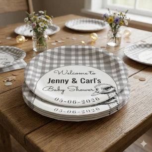 Grey Gingham Ostrich Cute Baby shower Paper Plate