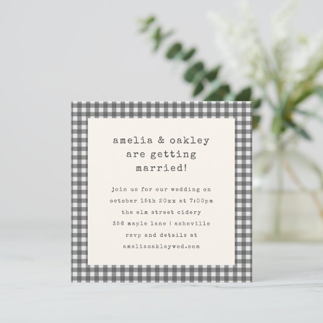 Grey Gingham Retro Typewriter Wedding Party Invitation (Standing Front)