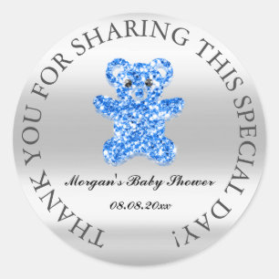 Grey Glitter Baby Shower Favour Thank You Blue Bea Classic Round Sticker