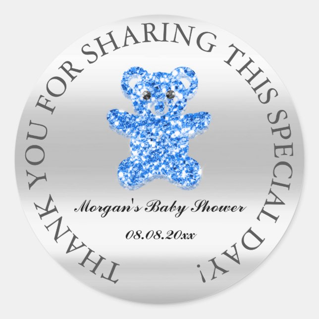 Grey Glitter Baby Shower Favour Thank You Blue Bea Classic Round Sticker (Front)