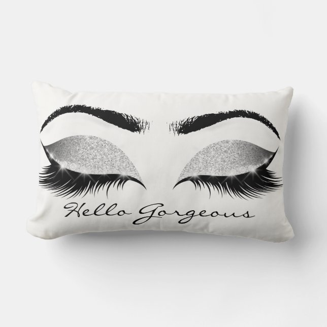 Grey Glitter Black Eyes Silver Makeup Lashes Hello Lumbar Pillow (Front)