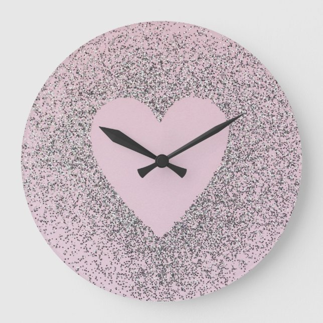 Grey Glitter Canvas Art with Pink Heart Large Clock (Front)