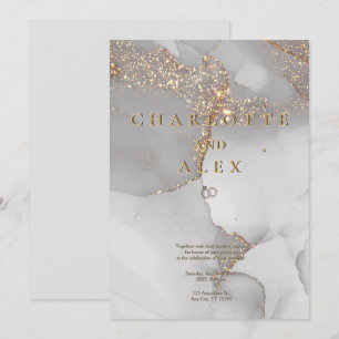 Grey Glitter Chic Alcohol Ink Wedding Invitation