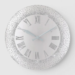 Grey Glitter Grey Silver Roman Numbers Elegant Large Clock