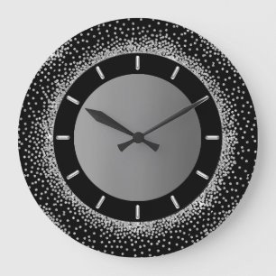 Grey Glitter Silver Grey Black Metallic Crystals Large Clock