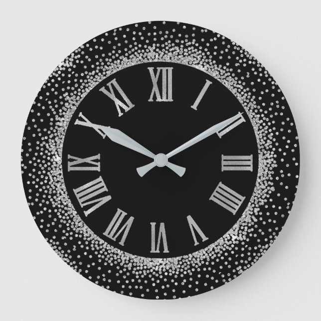 Grey Glitter  Silver Roman Number Elegant Black Large Clock (Front)