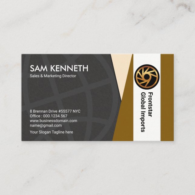 Grey Globe Brown White Vertical Column Sales Business Card (Front)