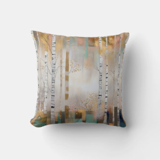 Grey Gold Birch Trees Abstract Forest Throw Pillow