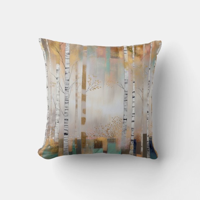 Grey Gold Birch Trees Abstract Forest Throw Pillow (Front)