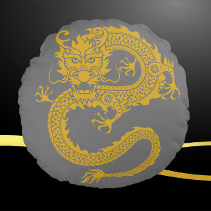 Grey, Gold & Black, Chinese Dragon Zodiac Round Pillow