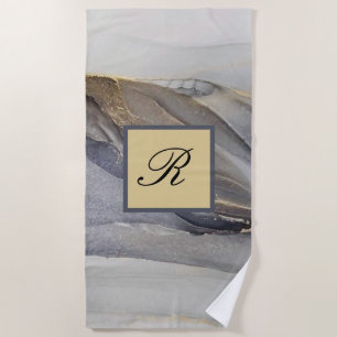 Grey Gold Black Marble Pretty Elegant Monogram Beach Towel