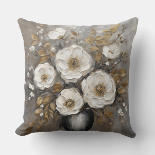 Grey Gold Black White Floral Bouquet Throw Pillow