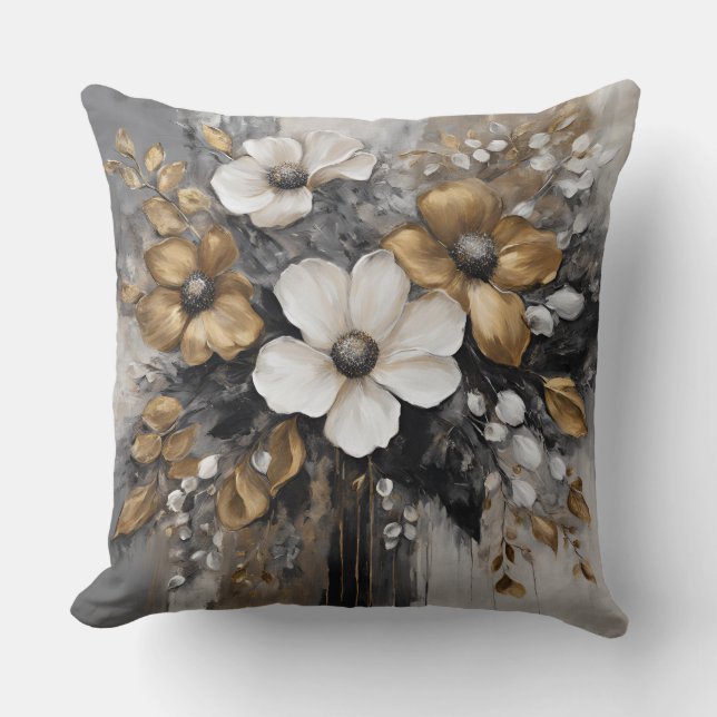 Grey Gold Black White Flowers Throw Pillow (Front)