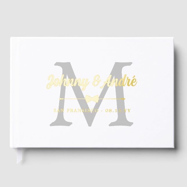Grey Gold Bowtie Monogram Gay Wedding Guest Book (Front)