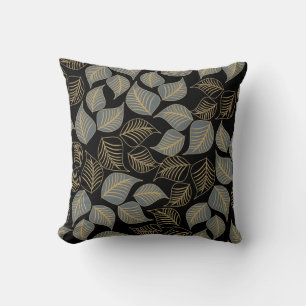 Grey gold broad leaves pattern on black throw pillow